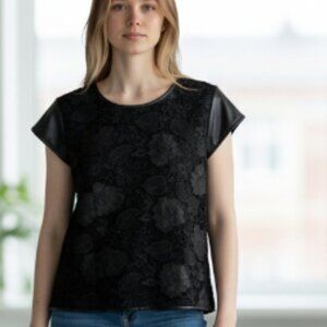 C&M Collection Black Lace Overlay Top Formal Blouse Plus Size 50/2X Cap Sleeve